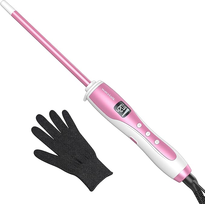 Wavytalk 3/8 Inch Small Curling Wand Wand Curling Iron for Short &amp Long Hair Ceramic Barrel with Adjustable Temperature Heat Resistant Glove Included (Rose Pink)