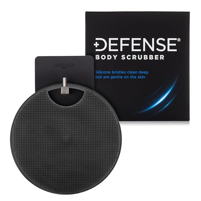 Defense Soap Peppermint Body Wash 32 oz with Tea Tree &amp Eucalyptus Oils + Silicone Body Scrubber &amp Shower Hook | Natural Antifungal Shower Gel &amp Exfoliating Set for Athletes and Active Lif