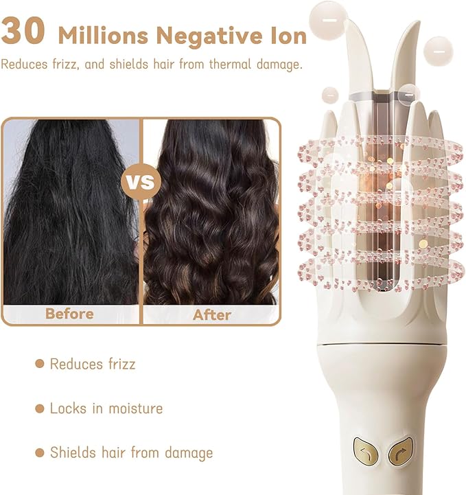 Automatic Curling Iron Rotating Curling Iron with 4 Temps &amp Display Screen 40S Fast Heating Hair Curlings Wand Anti-Tangle Anti-Scald Wave Curling Irons Ceramic Hair Curler for Women (Yellow)