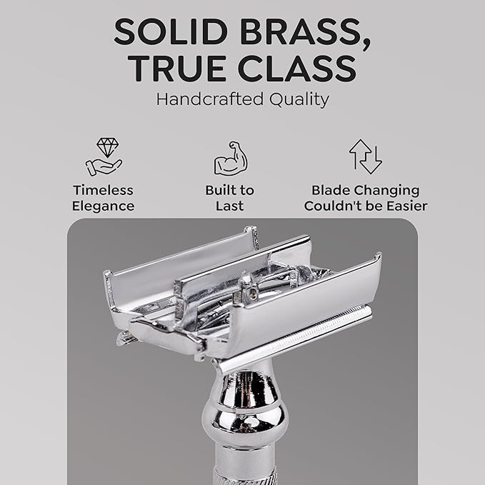 Parker 99R Chrome Long Handle Heavyweight Butterfly Open Double Edge Safety Razor for Men | 5 Parker Premium Platinum Double Edge Razor Blades Included | Iconic Brand