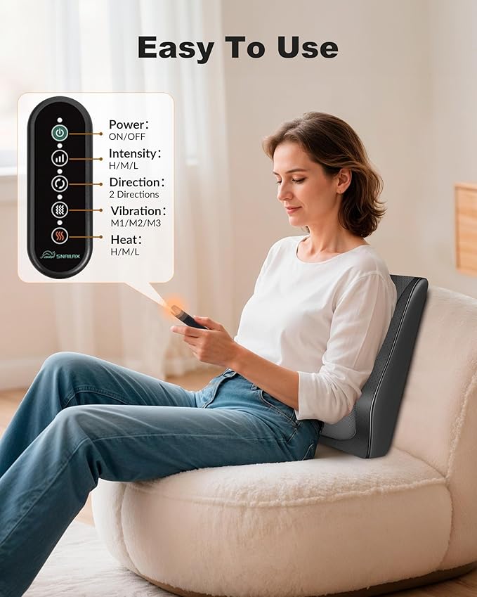 Snailax Shiatsu Back Massager with Heat Vibration Rechargeable Cordless Neck Back Massager for Pain Relief Deep Tissue 4D Deep Kneading Back Massage Pillow Gifts for Mom Dad-Home Office Use