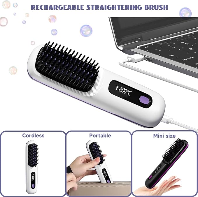 Cordless Hair Straightener Brush 7.8 Mini Hair Straightener with LCD Temperature Display Portable Hair Straightener Comb for Travel Negative Ionic Brush Straighteners for Women (White)