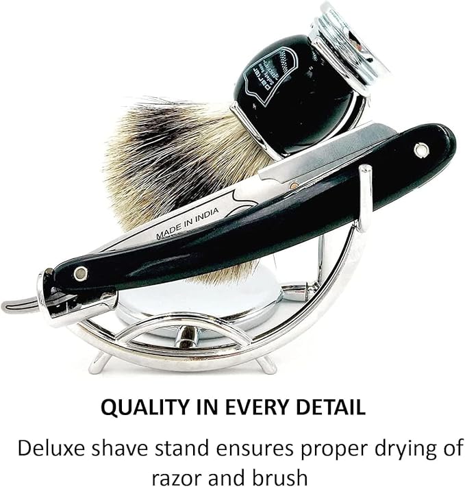 Parker Safety Razor Classic Black Straight Edge Barber Razor Shave Set - Includes 100% Pure Badger Brush Chrome Stand SRB Shavette Razor and 100 Blades