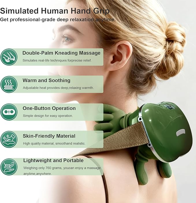 Bionic Heated Massager Wireless Portable Shiatsu Neck and Back Massager Electric Deep Tissue 4D Kneading Massage Simulated Human Hand Design for Pain Relief and Muscle Relax (Green)