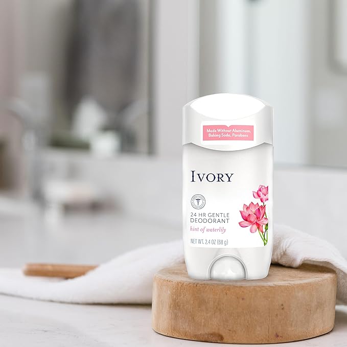 Ivory Aluminum Free Deodorant Hint of Waterlily 24hr Gentle Deodorant Dermatologist Tested Gentle on Skin Baking Soda Free Paraben Free 2.4oz (Pack of 6)