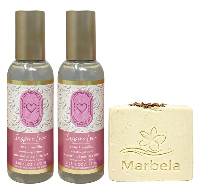 Bath &amp Body Works Aromatherapy Inspire Love Rose + Vanilla 2 Essential Oil Perfume Mists with a Creamy Rose Bar Soap