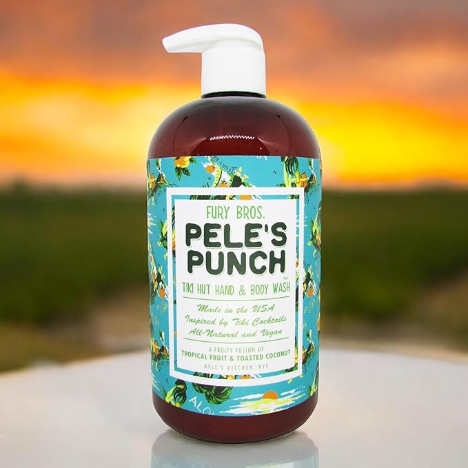 FURY BROS. Tiki Hut Hand &amp Body Wash Pele’s Punch | Tropical Fruit &amp Toasted Coconut | Natural Ingredients | Made in USA | Inspired by Tiki Cocktail Recipes | Cruelty-Free | 16 oz