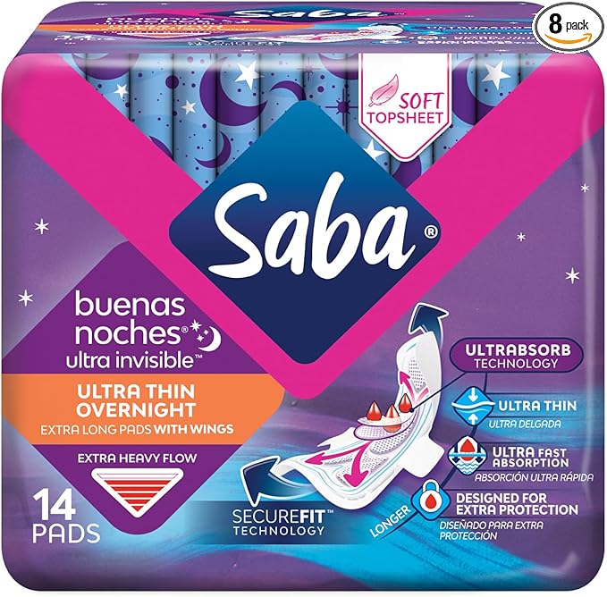 SABA Ultra Invisible Ultra Thin Overnight Pads with Wings Overnight Heavy Absorbency 8-Pack of 14 Pads (112 Count)