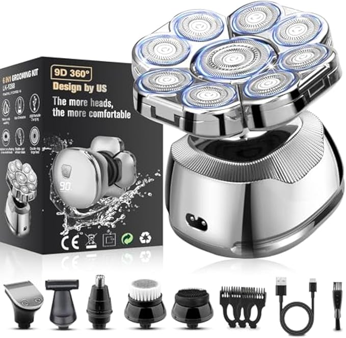 9D Head Shavers for Bald Men 6-in-1 Electric Bald Head Shavers for Men Wet/Dry LED Display Electric Razor for Mens Hair Trimmer