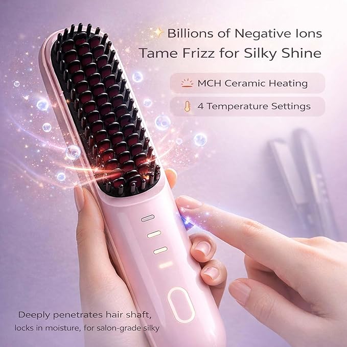 2026 New Cordless Styling Brush for Short Hair Styling ToolsHeated Brush for Short HairPortable Travel StraightenerUSB Rechargeable4 Temps Fast Heating CeramicSmooth Frizz Styling Tool (Black)
