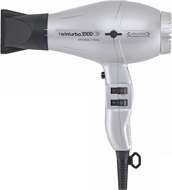 Turbo Power Twin Turbo 3900 Advanced Ionic &amp Ceramic Silver Hair Dryer with Miracle Detangling Brush – Eco-Friendly Blow Dryer and Dual Bristle Brush for Smooth Frizz-Free Shiny Hair