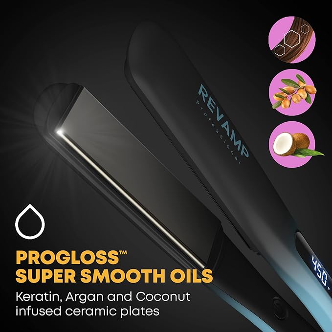Revamp Progloss Wide Ultra X Shine 1.5-Inch Flat Iron Hair Straightener – Ceramic Hair Straightener with Keratin Argan &amp Coconut Oil Infused Ceramic &amp Ionic Plates Ideal for Long Thick Cur