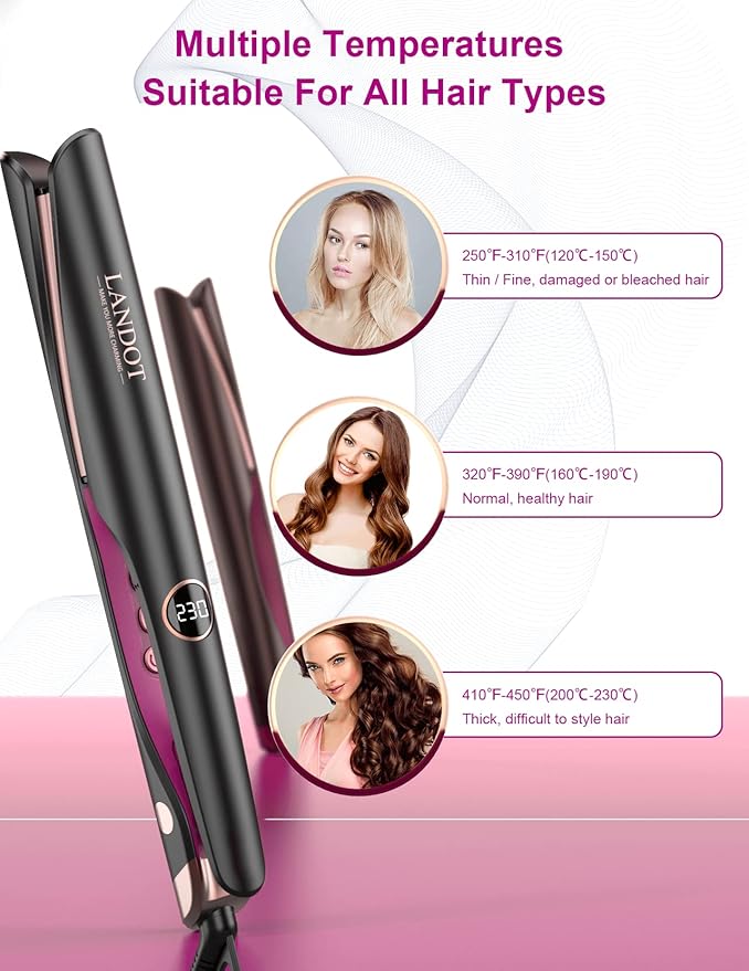 LANDOT 2-in-1 Hair Straightener Curling Iron - Twist Floating Plates for Curl &amp Straight Anti-Frizz &amp Tangle-Free Dual Voltage Adjustable Temp 250-450°F for All Hair Types