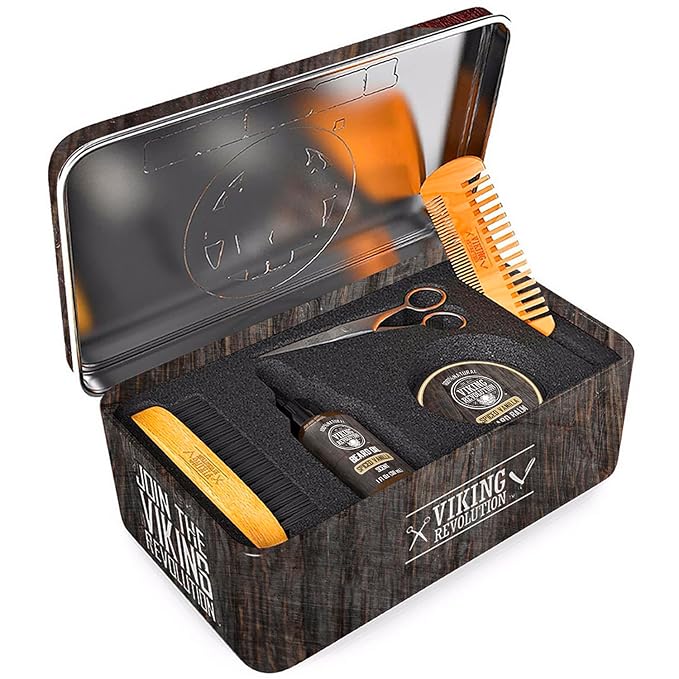Viking Revolution - Ultimate Beard Kit Spiced Vanilla - Beard Grooming Kit for Men with Beard Brush Beard Comb Beard Balm Beard Oil Beard and Moustache Scissors - Husband Gifts for Men