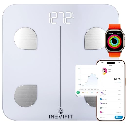 INEVIFIT Smart Body Fat Scale Highly Accurate Bluetooth Digital Bathroom Body Composition Analyzer Measures Weight Body Fat Water Muscle Visceral Fat &amp Bone Mass for Unlimited Users (White)