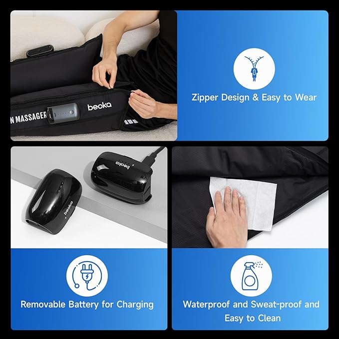 beoka Leg Massager for Circulation and Pain Relief Leg Recovery System for Fast Recovery Cordless Air Compression Boots with 3 Modes 5 Intensities for Athletes Runners and Travelers-L
