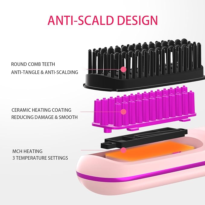 Cordless Hair Straightener Brush for Travel 200 Million Negative Ionic Portable Hair Straightener Comb for Women with LED Display &amp 3 Temps 30s Fast Heating USB Charging Smooth Frizz(Pink