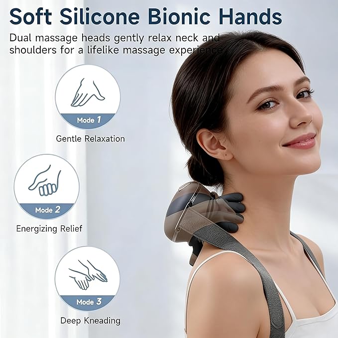 Neck Massager with Heat 4D Shiatsu Neck and Shoulder Massager with Hands &amp Fingers Bionic Hand-Like Kneading Deep Tissue Relief Wireless Portable for Home Office Travel Gift for Men Women (Bl