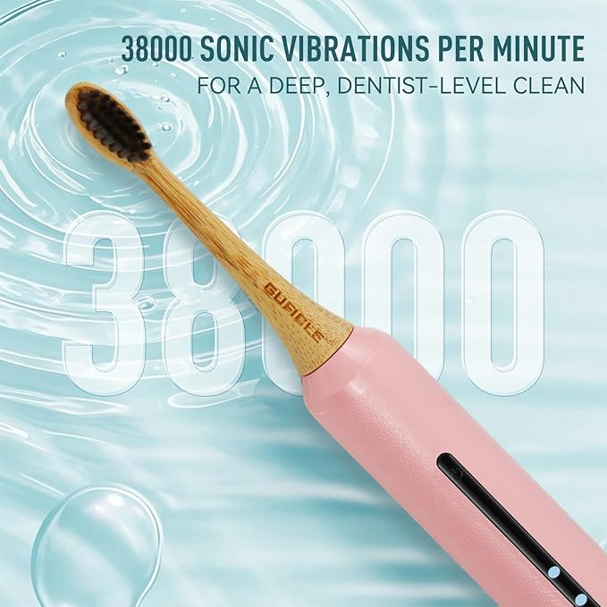 Bamboo Electric Toothbrush for Adults丨Rechargeable Electric Toothbrush with 3 Non Toxic Charcoal Infused Bamboo Brush Heads 5 Cleaning Modes 60 Days Battery Life IPX7 Waterproof-Pink