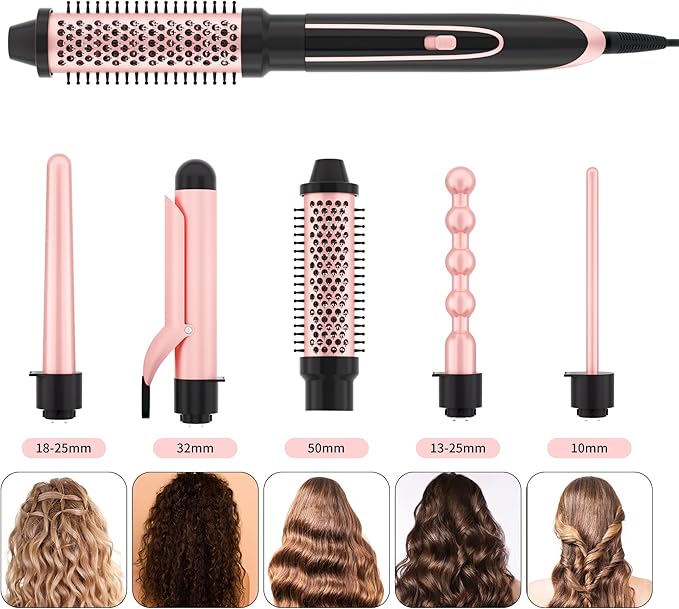 5 in 1 Curling Iron Set with Instant Heat Up Dual Voltage 4 Interchangeable Ceramic Curling Wands Curling Brush Heat Protective Glove &amp 2 Clips (Curling Iron 0.3-1.5)