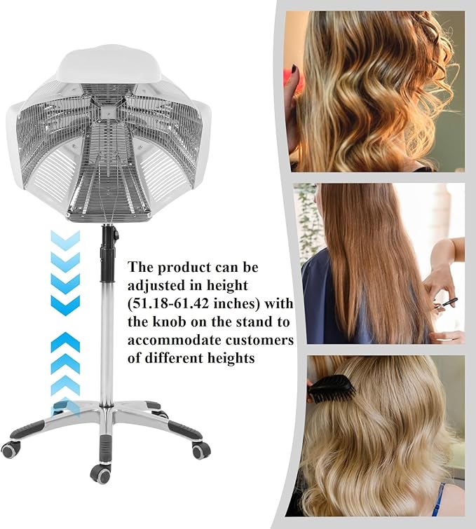CNCEST Professional Hair Steamer Dryer with Stand1800W Hair Dryer with Stand60-Minute Timer 4 Adjustable SpeedsAdjustable Height 5 Selectable Modes 360° WheelsSalon Hair Perming Machine (White)