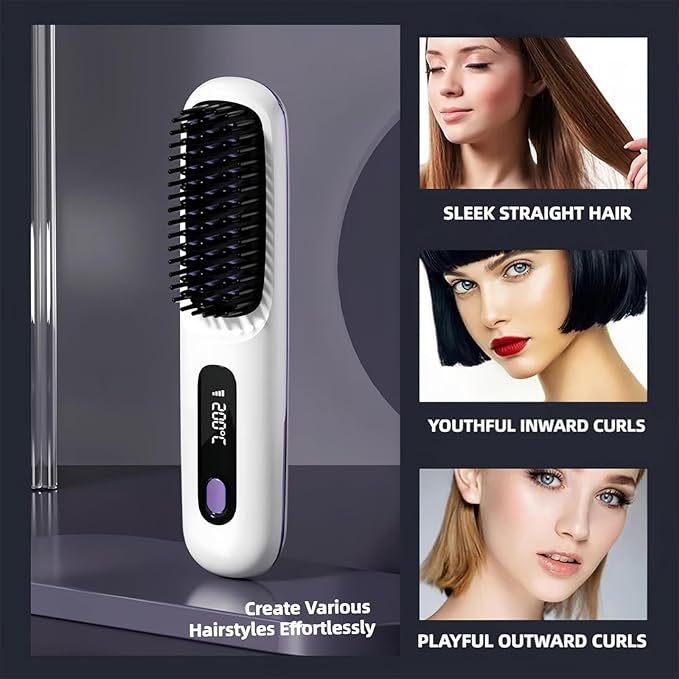 Cordless Portable Hair Straightener Brush Mini Hair Straightener Brush with LCD Temper Ature Display 3 Adjustable Temperatures Rechargeable Heating for Home Travel and Morning Rush (Blue)