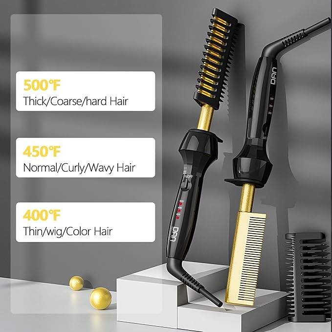 DAN Technology Ceramic Hot Comb Hair Straightener Adjustable Temperature Dual Voltage Travel Size 500°F for Hair Wigs Healthy Silky Hair Safe
