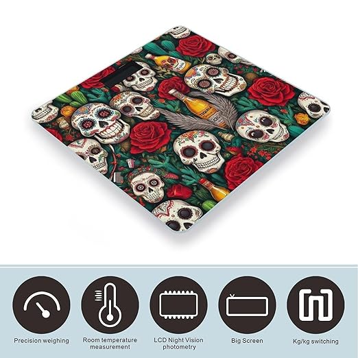 Women's Digital Bathroom Weighing Scale Automatic Switch Energy Saving Scale Smart Scale For Body Weight Vintage Day of Dead Sugar Skulls Rose Flowers Cactus