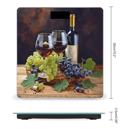 Art Red Wine Galsses &amp Grapes Scale for Body Weight High Precision Digital Weight Scales with LCD Display Anti-Slip Sturdy Slim Tempered Glass Bathroom Scale for Home Use
