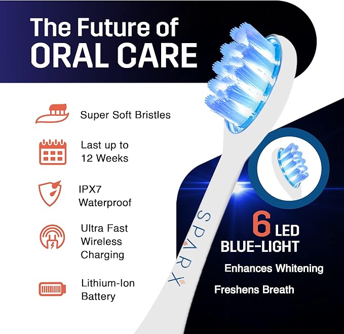 SPARX Electric Toothbrush for Teeth Whitening Gum Care &amp Polishing Light Therapy Technology for Whiter Teeth &amp Healthy Gums Rechargeable [White]