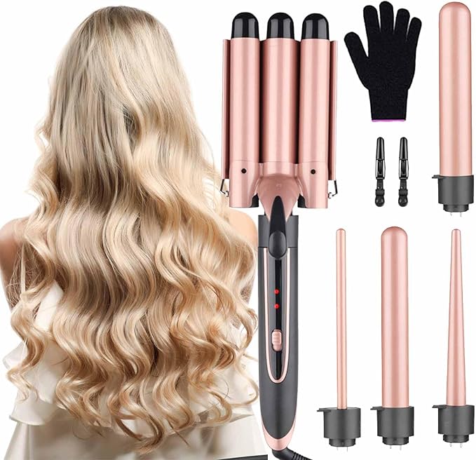 Curling Iron - 3 Barrel Hair Crimper Iron - 5 in 1 Curling Wand Hair Wand with Fast Heating Up - Crimper Wand Curler for All Hair Types Heat Protective Glove &amp 2 Clips Included