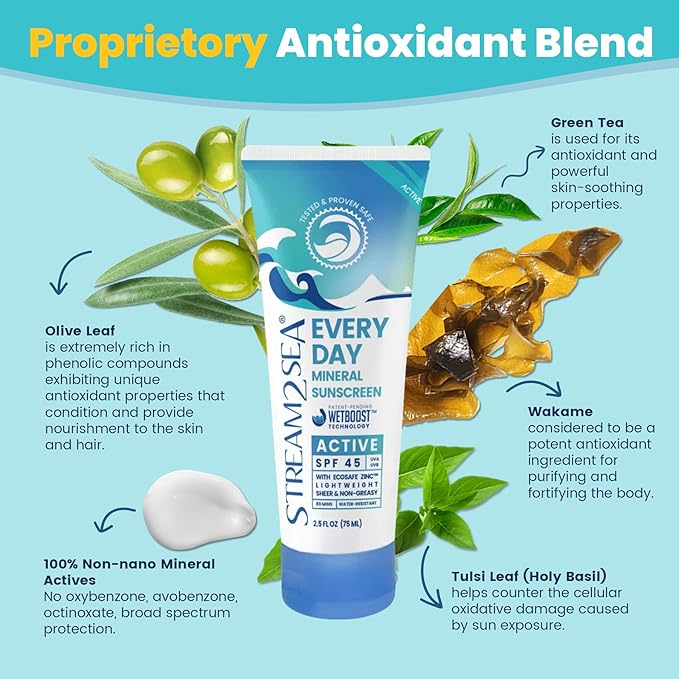 SPF 45 Every Day Active Mineral Sunscreen | 2.5 Fl Oz Biodegradable &amp Reef Safe Sunscreen for Face &amp Body | Non-Greasy Lightweight &amp Sheer Mineral Protection Against UVA &amp UVB by Stre