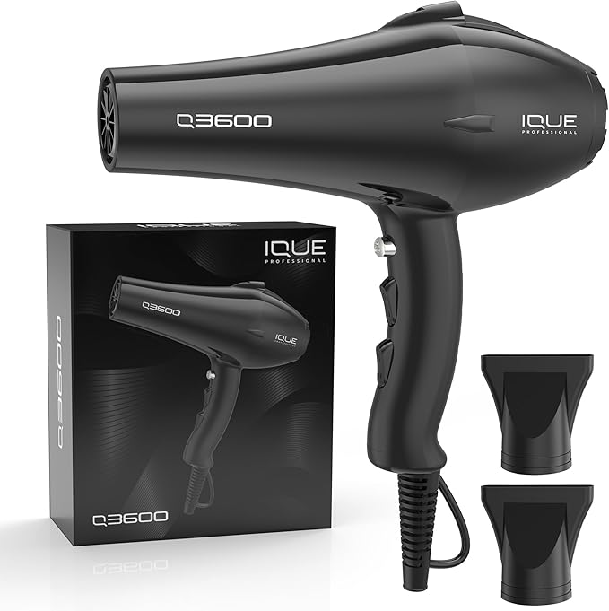 iQUE Professional Salon Quality Hair Dryer | 1875W Ionic Blow Dryer | 2 Speeds &amp 3 Heat Modes | Frizz-Free | Includes 2 Nozzles Attachments | Extra Long Cord and Faster Drying Time