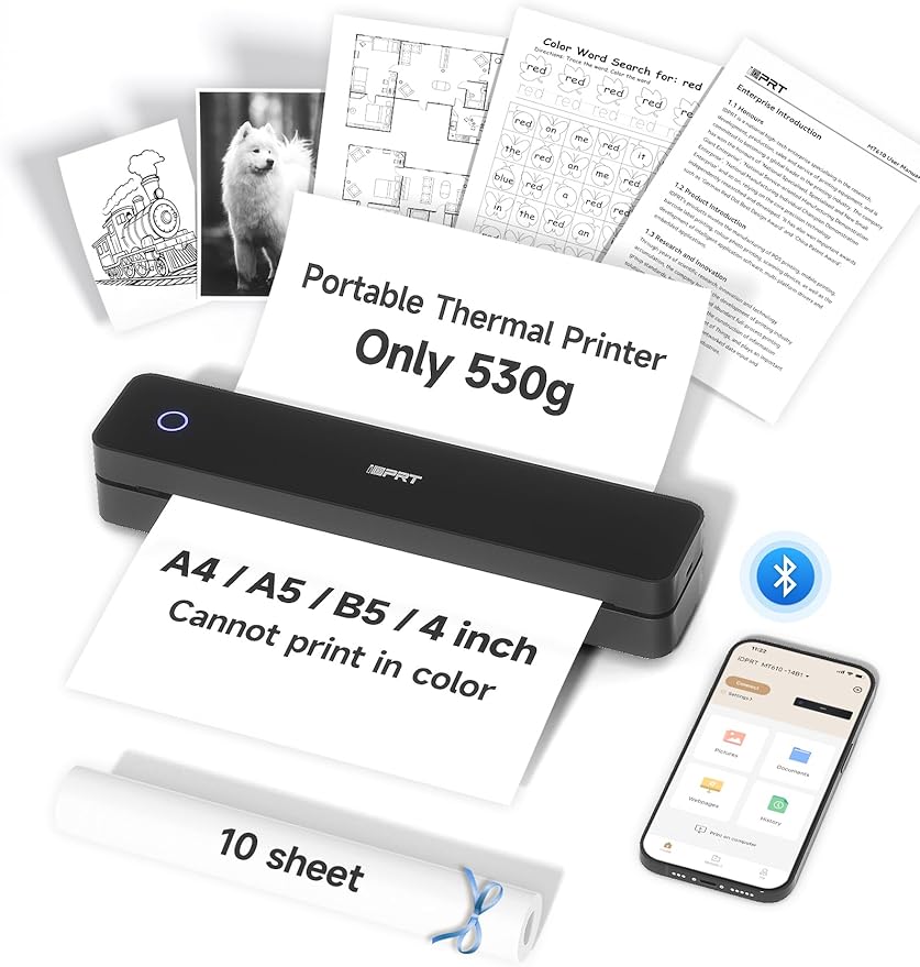 iDPRT MT610 Portable Thermal Printer 300DPI HD Mobile-Travel-Printers Inkless-Wireless-Small-Printer for Home Use Office Vehicles Bluetooth Printers Supports 8.5 x 11 US Letter&ampA4&ampA5 Dee