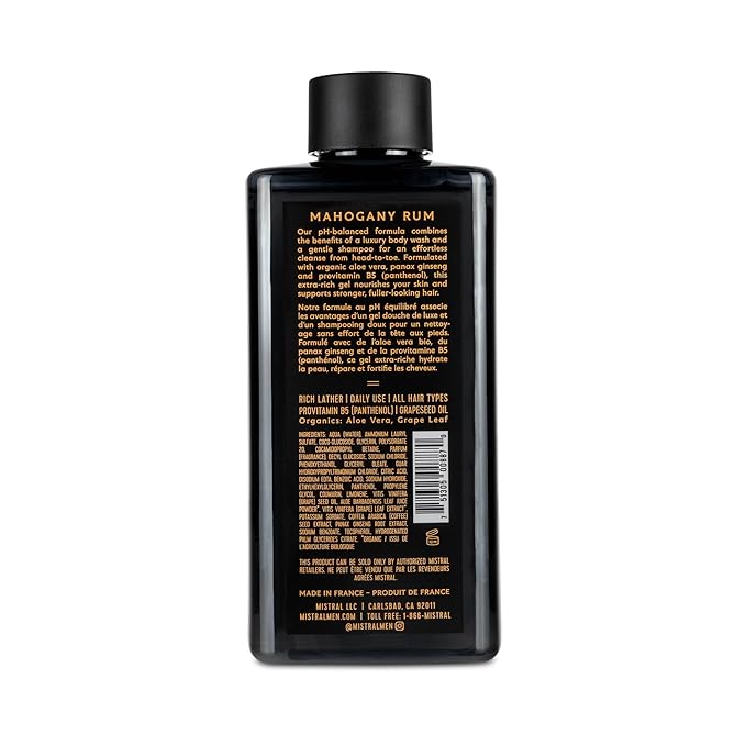 Mistral Men's Body Wash &amp Shampoo Mahogany Rum 13.5 oz | 2-in-1 Natural Shower Gel for Men | SLS Paraben &amp Phthalate Free | Natural Men’s Body Wash Moisturizing Bath Gel - Made in France