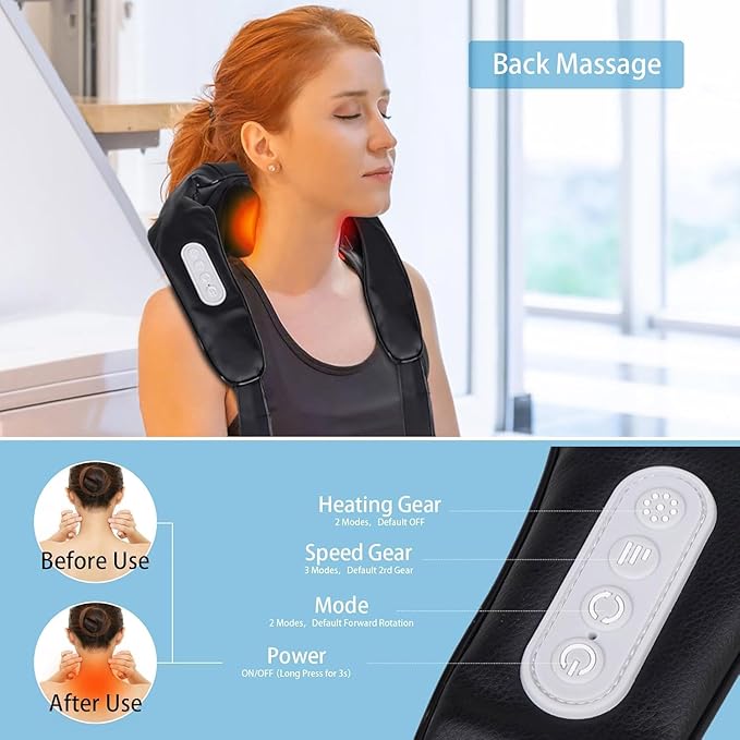 BIBIRE Neck Massager with Heat Cordless Shiatsu Deep Tissue Shoulder Massager with 6 Kneading Nodes for Back Neck Leg Muscle Relief Gift for Men Women Home Office Use