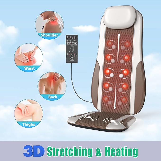 Shiatsu Back Massager with Heat Massage Chair Pad Seat Cushion for Stress Relief Deep Tissue Kneading &amp Roller 2 Vibration Motors Back Waist Hip Massager PU Leather with 2 Adapters