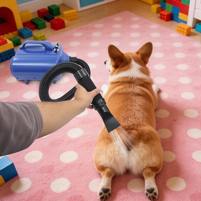 3600w Pet Grooming Hair Dryer Adjustable Temperature 77-149℉ &amp Airspeed 98.43-229.66ft/S Dual Motor Dog Cat Dryer with Flexible Hose &amp 2 Nozzles Dog Pet Dryer Blower for Home Pet Shop(Blue)