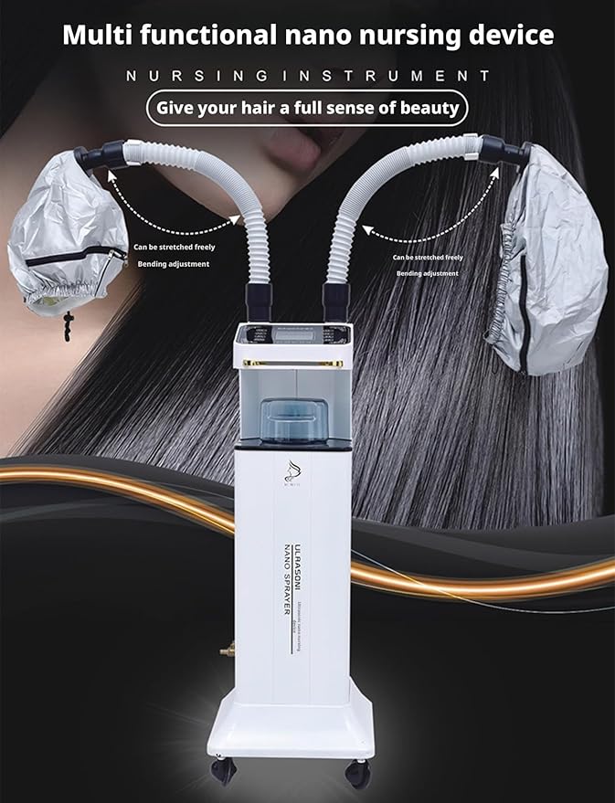 Nano Hair Steamer with Vaporizing Caps Standing Professional Micro Mist Hair Processor with Rolling Wheels(Milk)