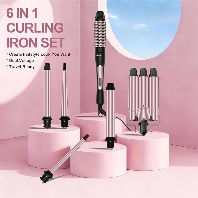 6 in 1 Wand Curling Iron Set 3 Barrel Curling Wand Set with Thermal Brush (1.5) and 5 Interchangeable Ceramic Hair Wand Curler (0.35-1.25) Home Travel Multi Curl 2 Temp 30S Instant Heat Up