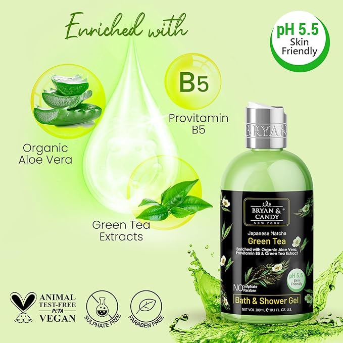 Green Tea Shower Gel (300ml) with Aloe Vera. Gentle Moisturizing Body Wash for Soft Supple Skin