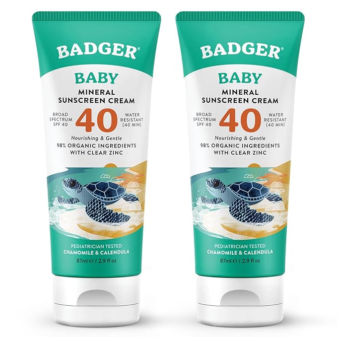 Badger Mineral Baby Sunscreen Cream SPF 40 98% Organic Toddler Sunscreen with Zinc Oxide Broad Spectrum Reef Safe Water Resistant Pediatrician Tested Baby Sunblock 2.9 fl oz 2-Pack