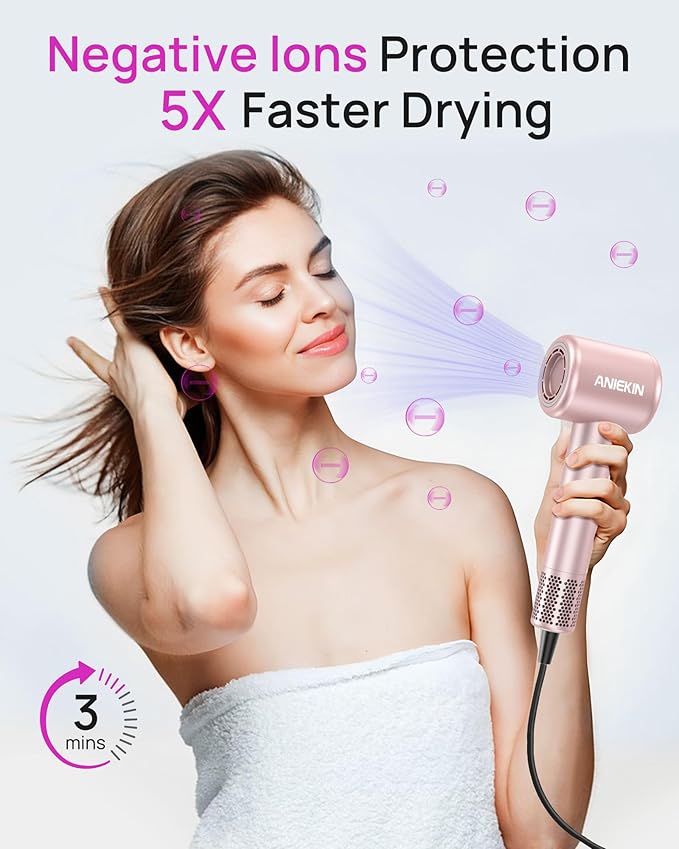 Hair Dryer High-Speed Ionic Low Noise Blow Dryer with Brushless Motor for Fast Drying Thermo-Control Quiet Compact Hair Blow Dryer with Magnetic Diffuser for Curly Hair for Home Travel Salon