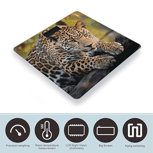 African Leopard Bathroom Scale for Body Weight Bathroom Digital Electronic Weighing Scale with Back Lit LED Display Sturdy Tempered Glass Weight Watchers Scales 400lb