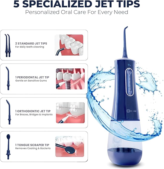 Dr. Aid Portable Water Flosser - Dental Oral Irrigator for Travel with 12Oz Tank Filter 5 Tips Type C Charger - IPX8 Waterproof Electric Flosser - Water Flossers for Teeth Gums Braces (Blue)