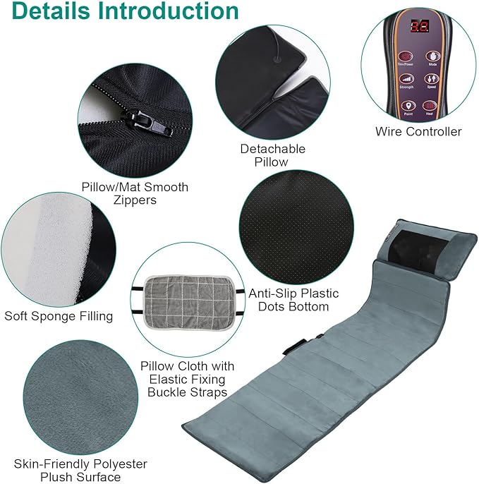 KOCASO Full Body Massage Mat with Heat - 10 Vibration Motors &amp 9 ModesBack Massager Neck Massager with with Neck Massage Pillow Timer Anti-Slip Bottom