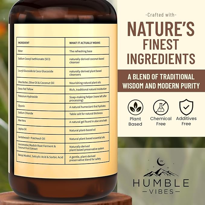 NEW! Natural Tallow Body Wash Made With Naturally Derived Plant Based Ingredients &amp Tallow Free of Harsh Chemicals Great for Eczema Itchy Dry Skin Moisturization Sandalwood &amp Patchouli