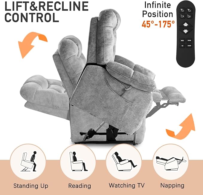 EONIX Oversized Wide Big Man Power Lift Recliner Chair for Elderly with Heat and Massage 400lbs Dual Motor Lay Flat Electirc Lift Chair with Extended Footrest SLRY008063 Grey