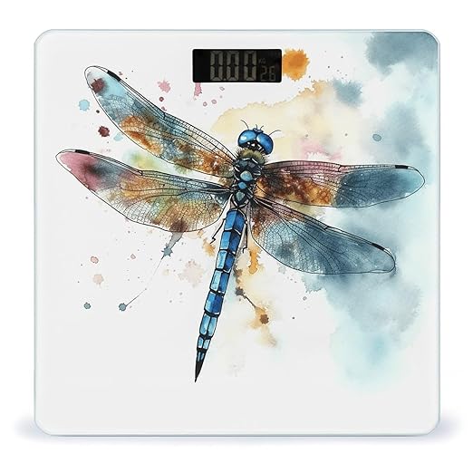Watercolour Dragonfly Bathroom Scale Rounded Smart Scale for Body Weight Automatic Power On/Off Weight Scales Accurate Bathroom Digital Scales for Pet Home Bedroom Kitchen