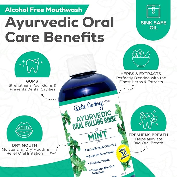 Ayurvedic Organic Mint Sesame Oil Pulling &amp Remineralizing Tooth Powder | Mint Flavored Organic Oral Rinse Mouthwash | Tooth Powder for Instant Teeth Whitening Free Bundle Pack-8 FL Oz (Bottle)